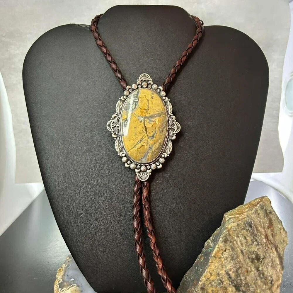 Sterling Southwestern Style Large Oval Picture Jasper Decorated Bolo Tie For Men